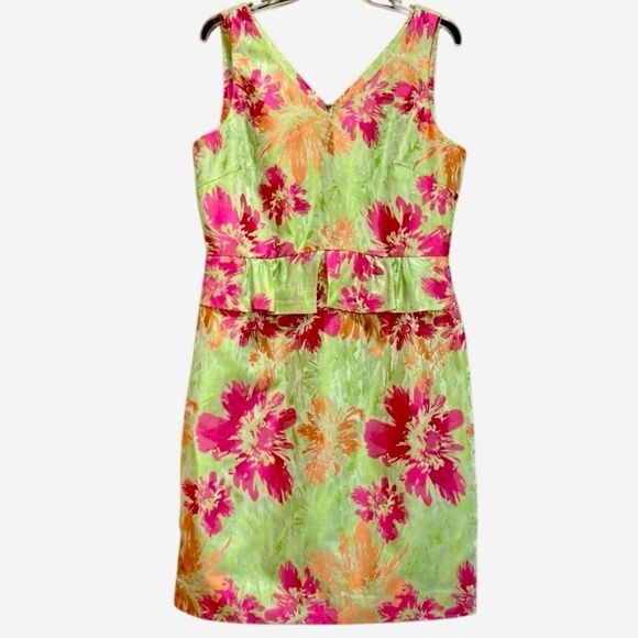 Tahari ASL V Neck Floral Sleeveless Peplum Dress in Green/Pink/Orange Women’s 10 - Picture 2 of 6